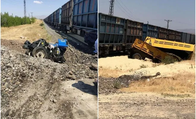 Kovancılar`da trenin çarptığı traktörden son anda atlayarak kurtuldu